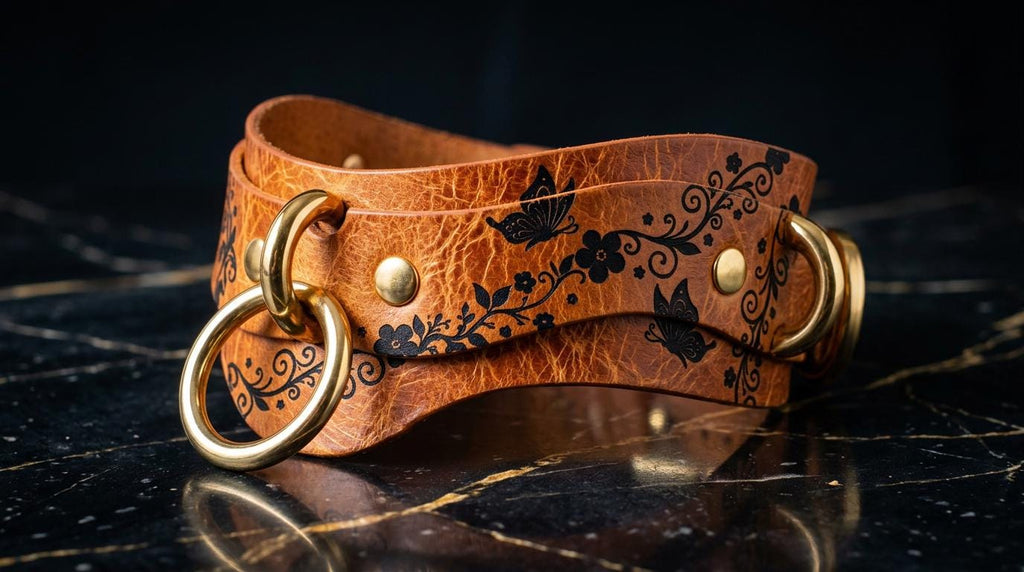 A brown leather choker necklace with a floral design and gold-colored metal rings.