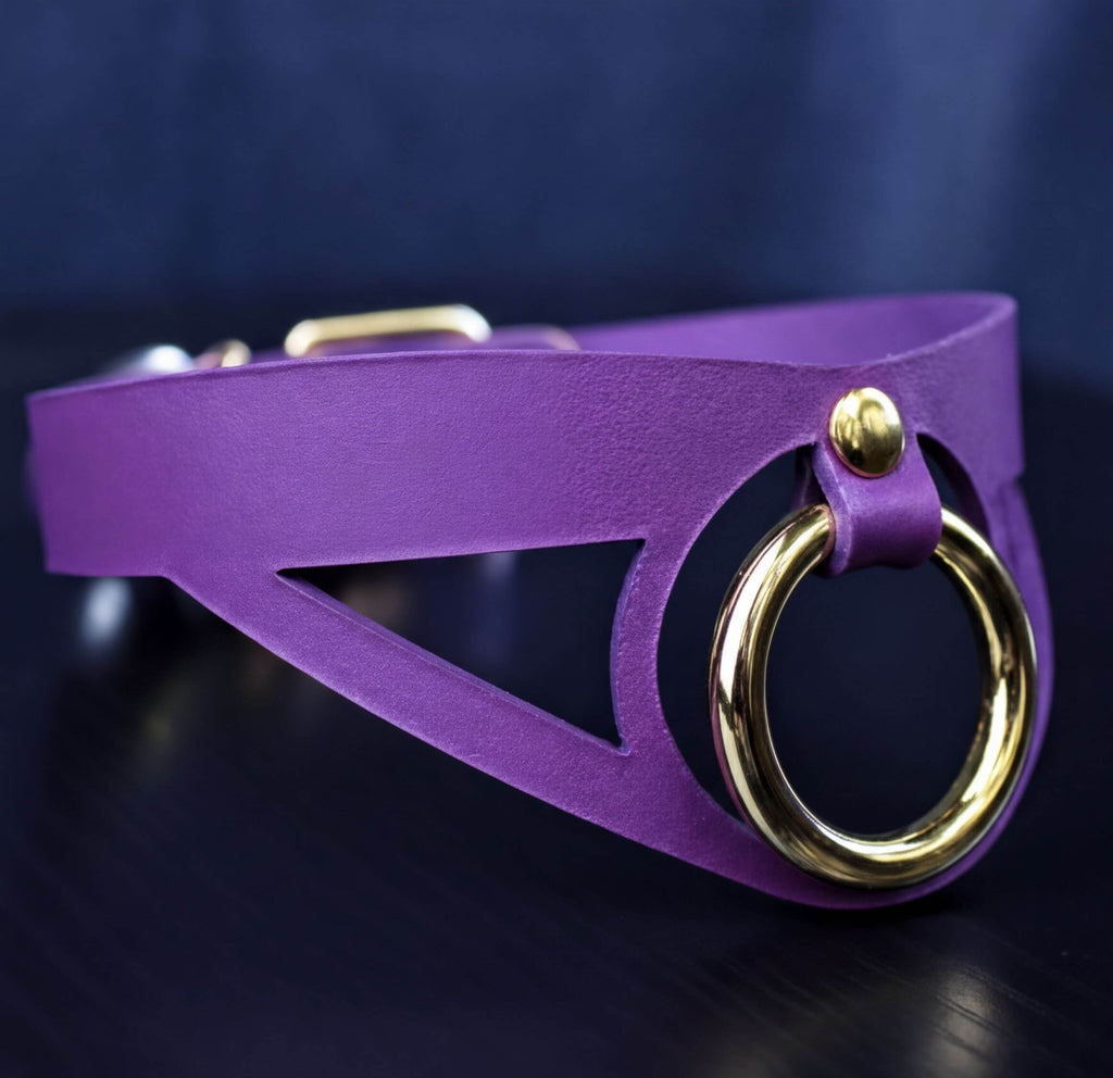 A purple leather choker necklace with a gold-colored circular ring on the front.