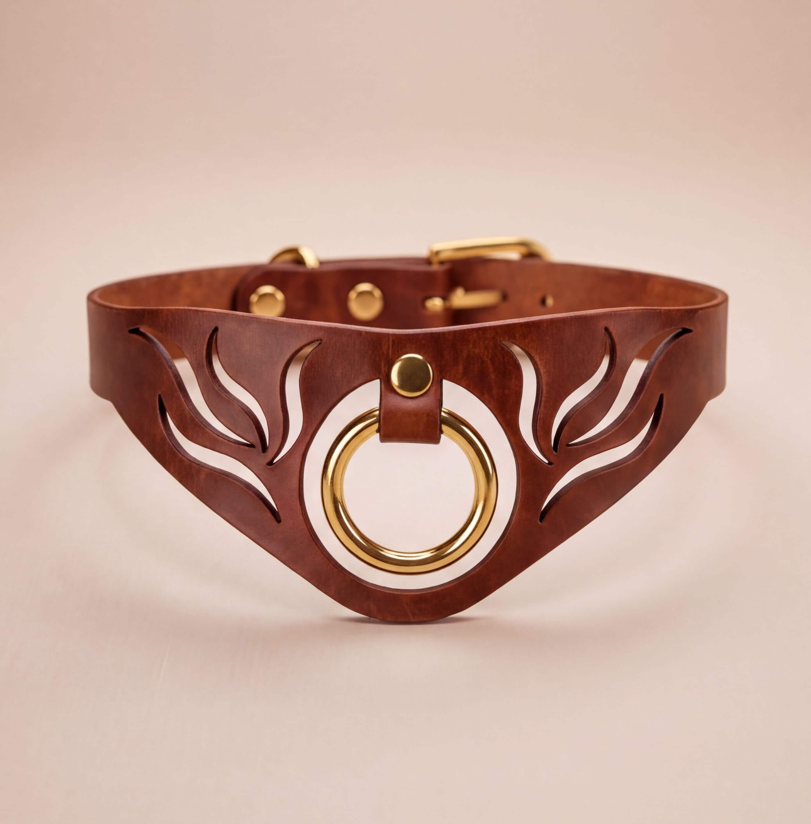 A brown leather choker necklace with a gold-colored metal ring and a decorative leaf-like design on the front.