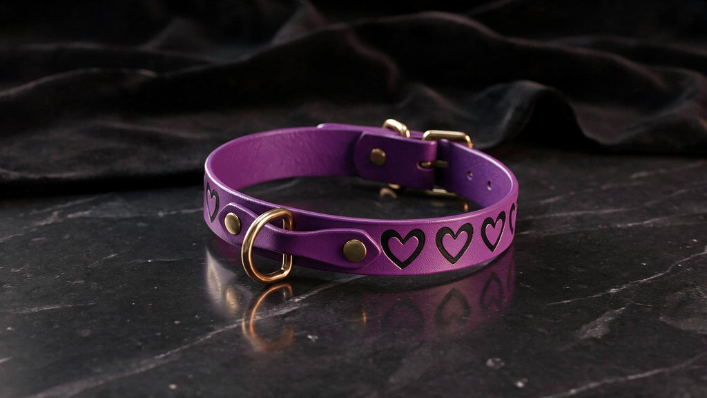 A purple leather collar with heart-shaped embellishments is displayed on a dark surface.