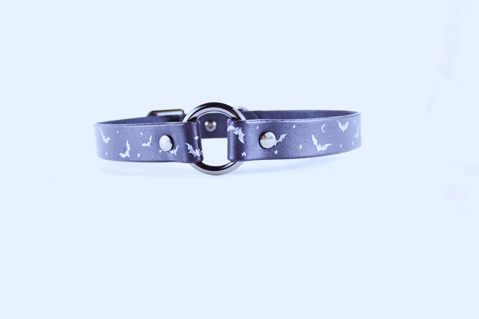 Bat and Moon Leather Choker featuring a unique bat and moon design in sleek leather, perfect for gothic fashion.