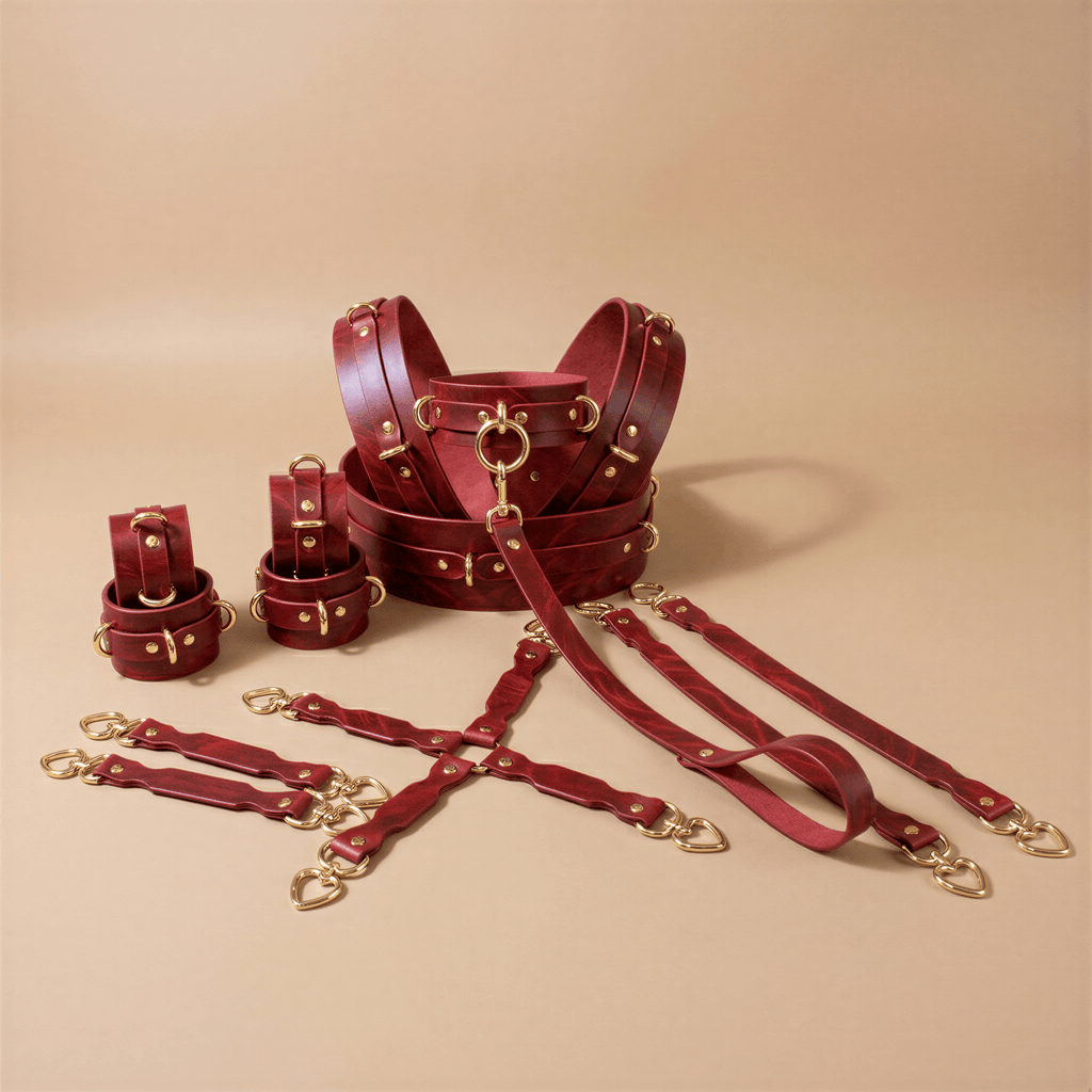 a collection of red leather straps and buckles, arranged on a beige background.