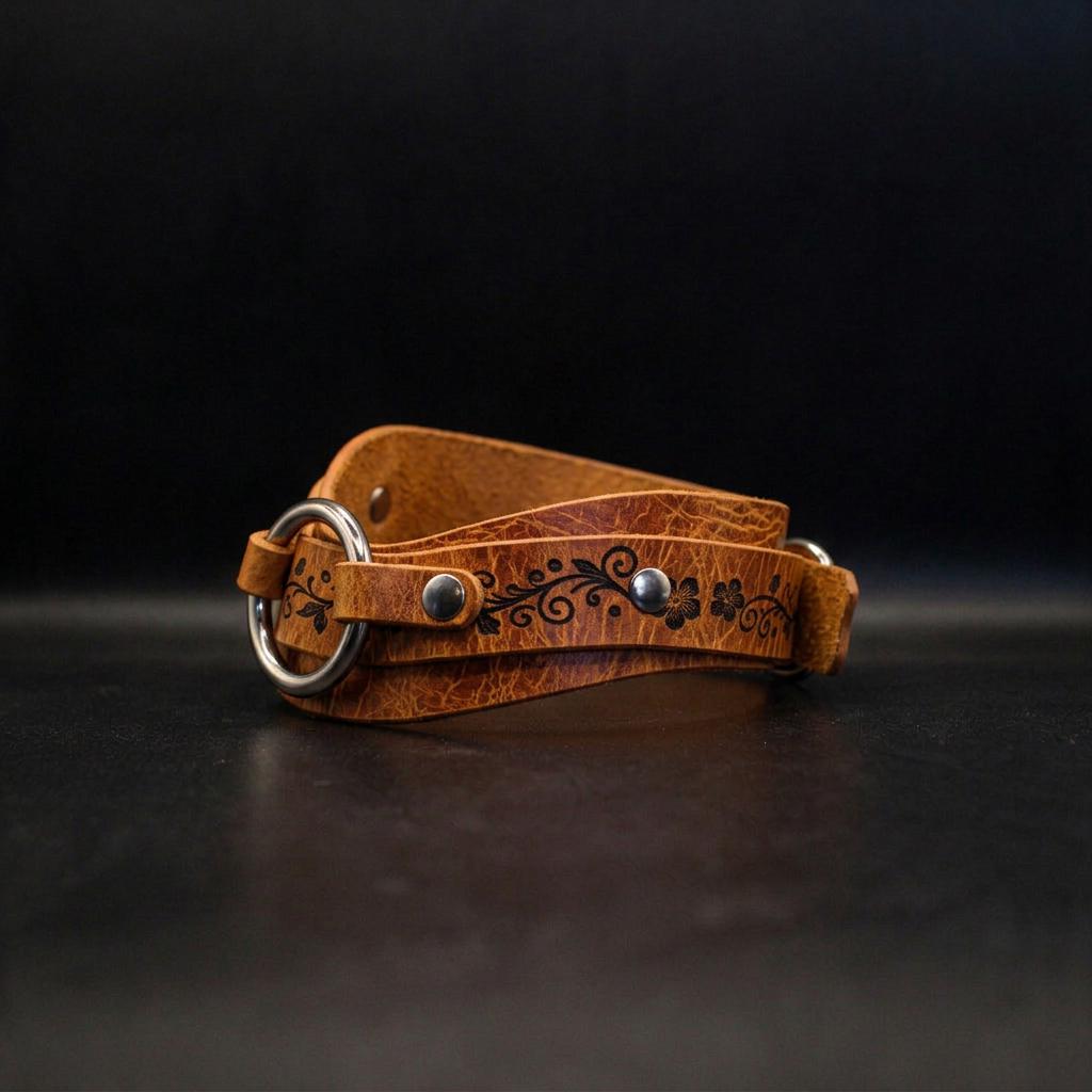 A brown leather belt with a metal buckle and floral design on the surface against a black background.