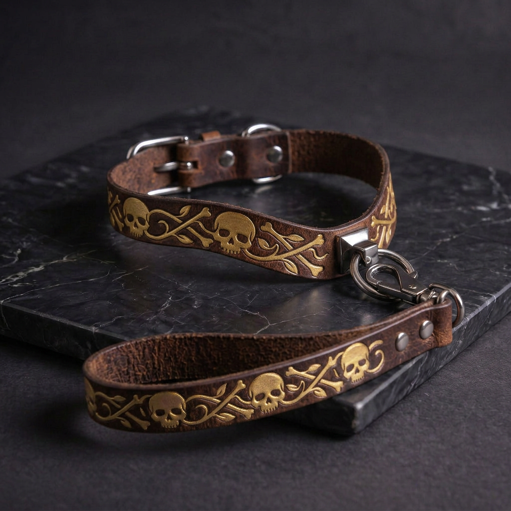 A brown leather dog collar with a decorative pattern of skulls and vines, and a matching leash attached to it, resting on a dark surface.
