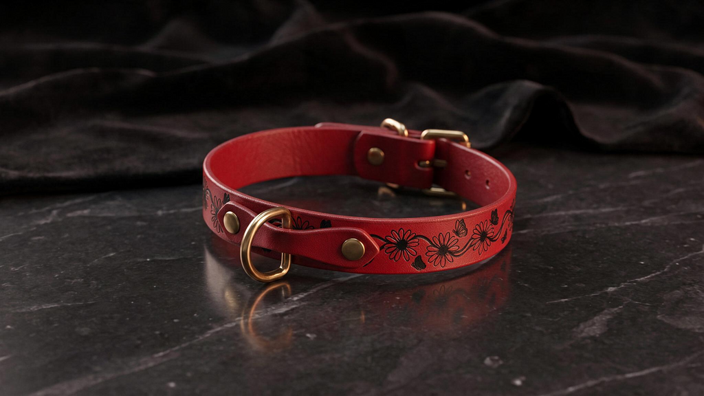 A red leather collar with a floral design sits on a dark surface.