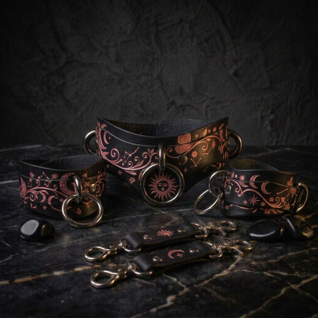 a collection of ornate leather straps and charms, including a corset-style collar and several bracelets, all set against a dark background.