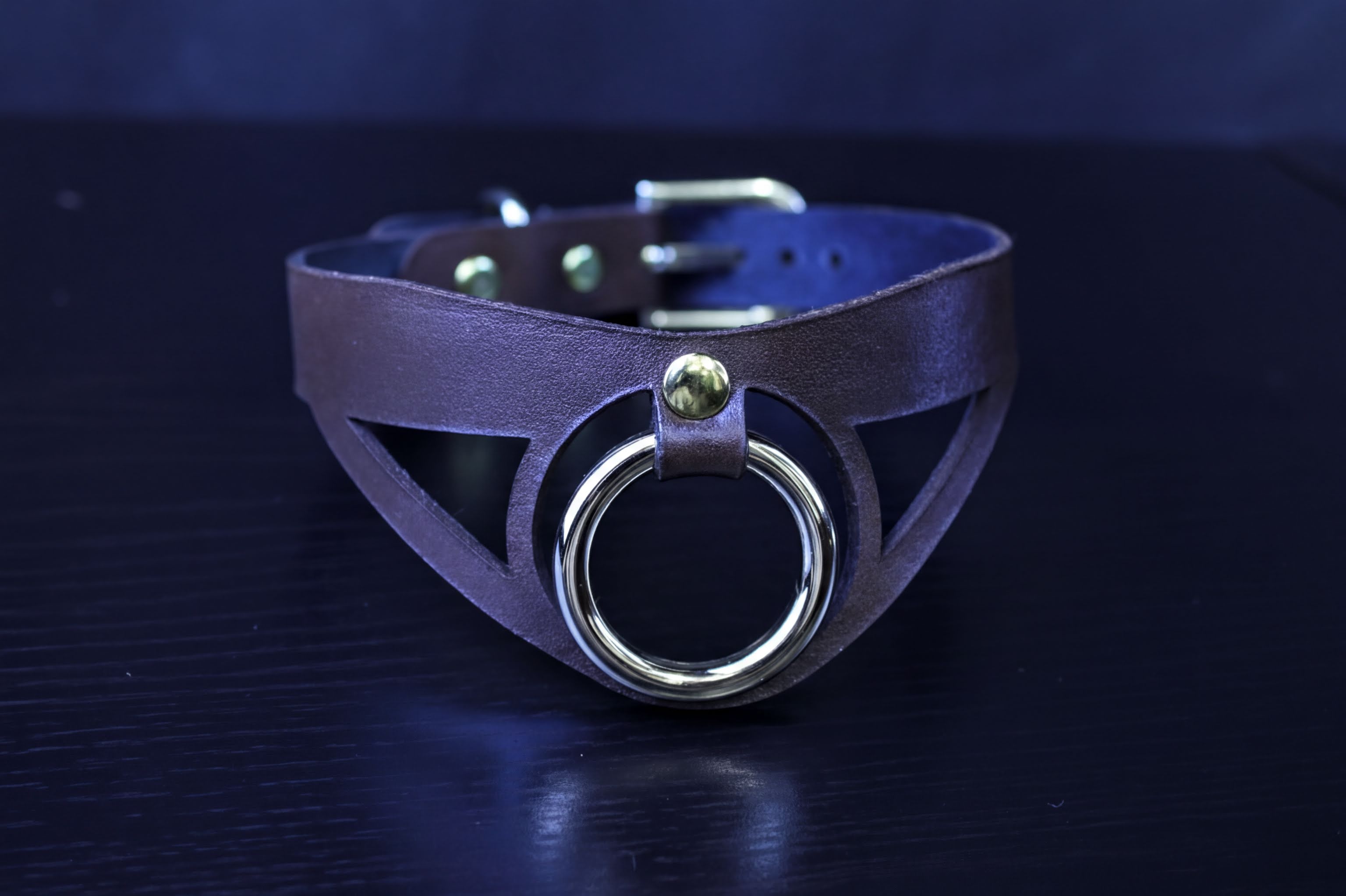 Minimalist brown leather BDSM posture collar with bold O-ring for submissive jewelry and bondage gear.