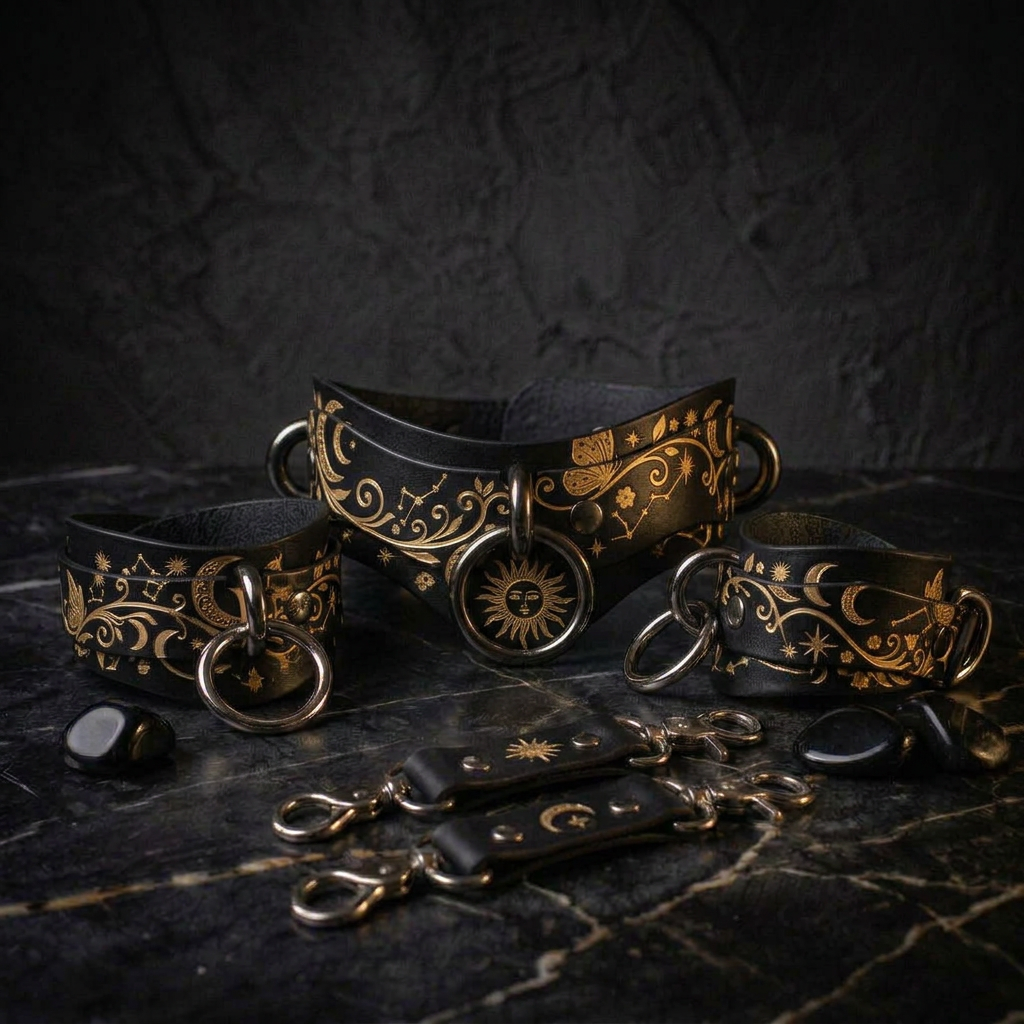 a collection of ornate, black leather choker necklaces with intricate gold designs, including sun and moon motifs, against a dark background.