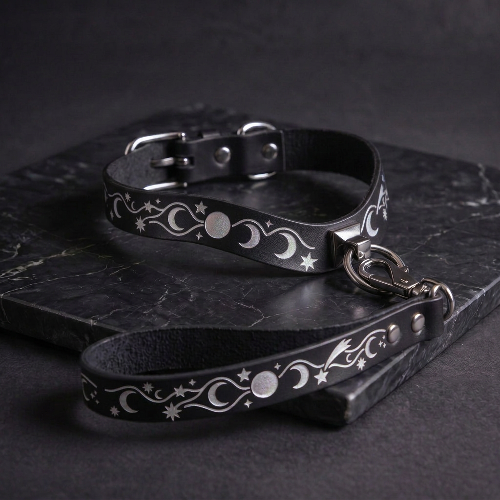 A black leather collar with silver star and crescent designs, and a silver metal clasp, resting on a dark surface.
