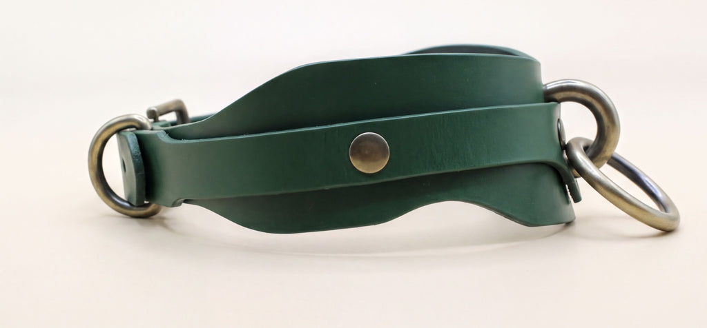 A green leather strap with metal rings and a button is shown in the image.