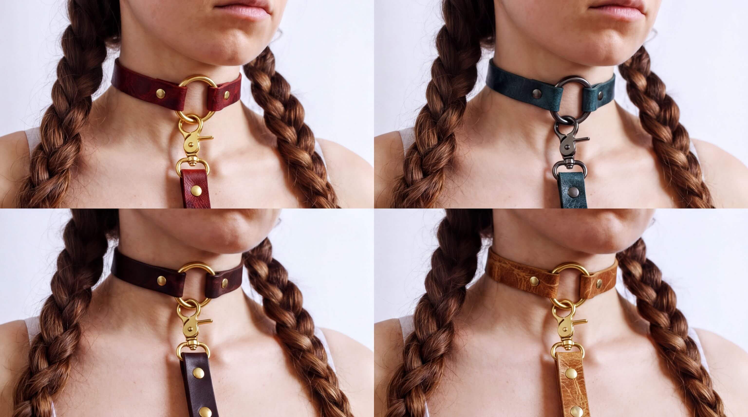 The image is a collage of four close-up photos of a person wearing a choker necklace with multiple rings and a leather strap.