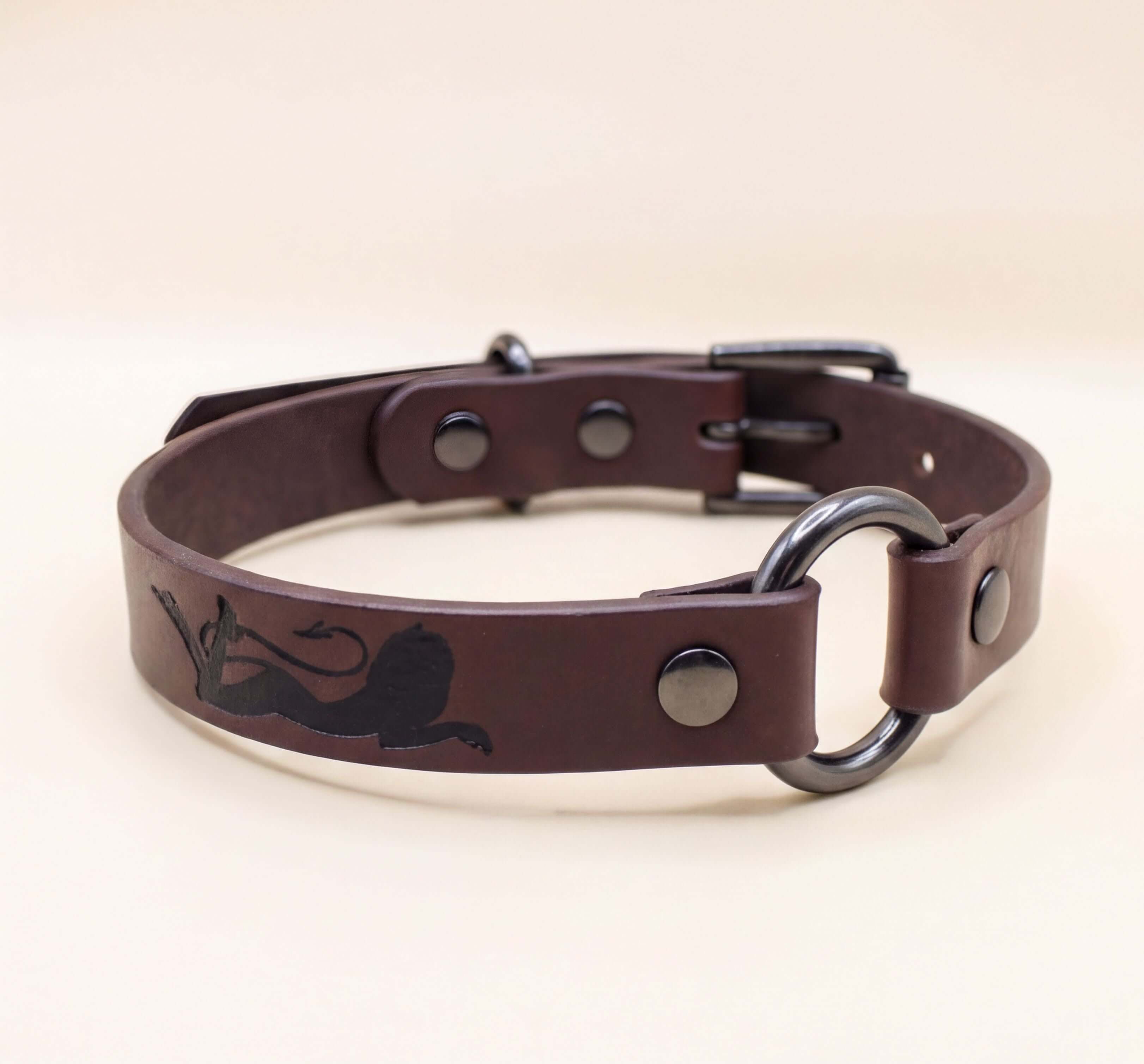 A brown leather dog collar with a metal ring and buckle.
