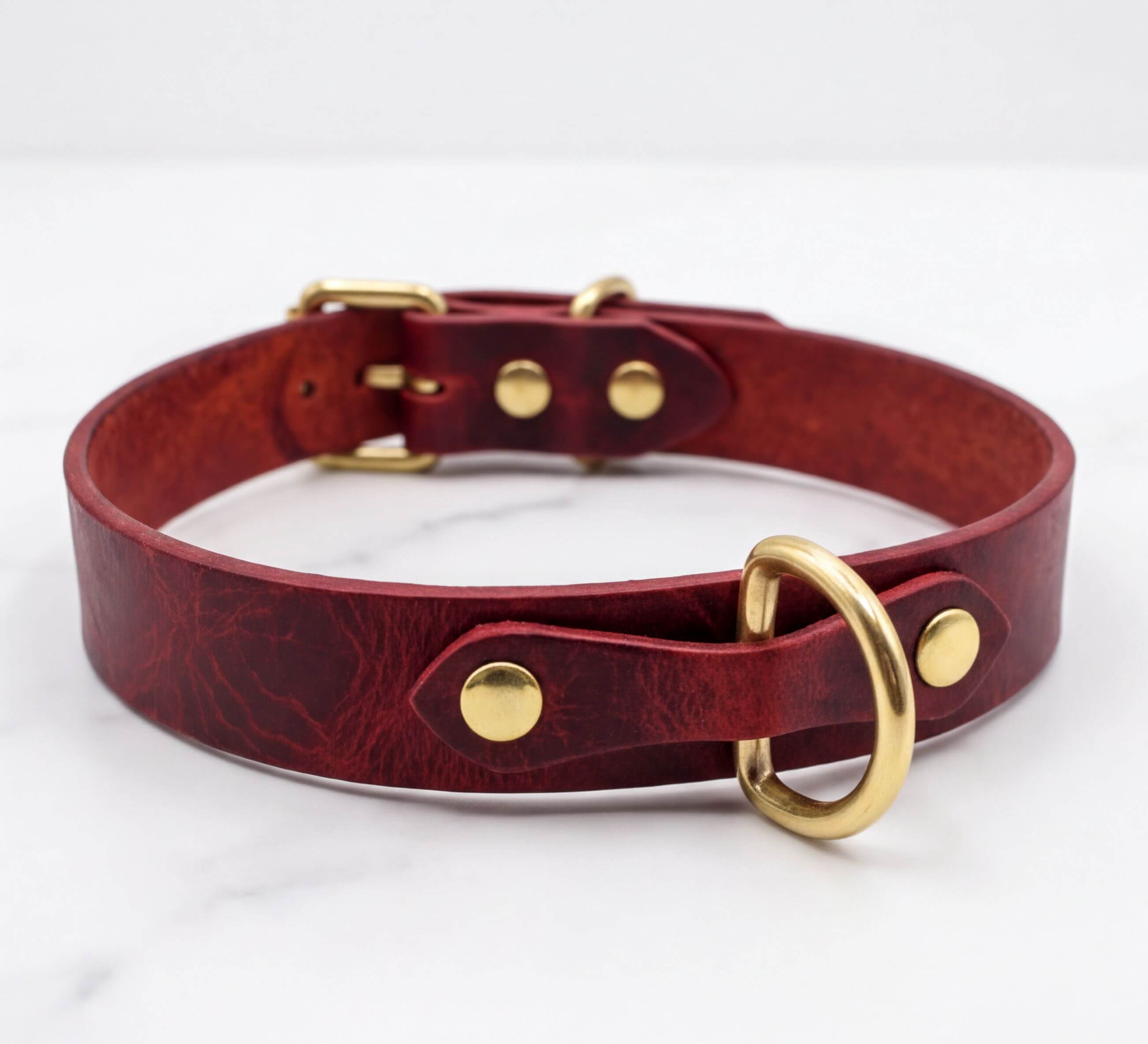 A burgundy leather collar with a gold buckle and two brass studs, resting on a white marble surface.