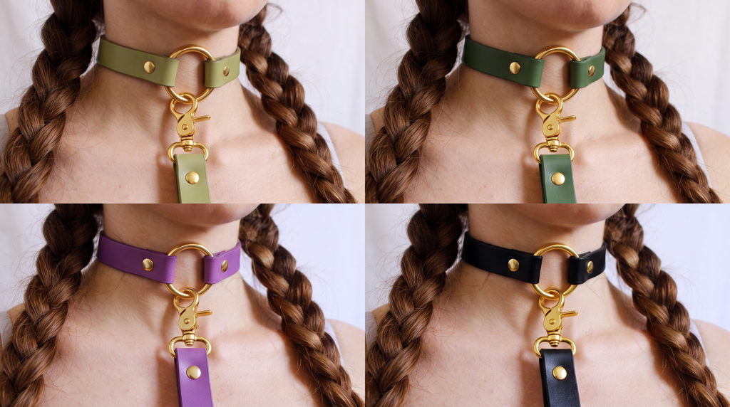 The image is a collage of four close-up photos of a person's neck with different colored leather choker necklaces.