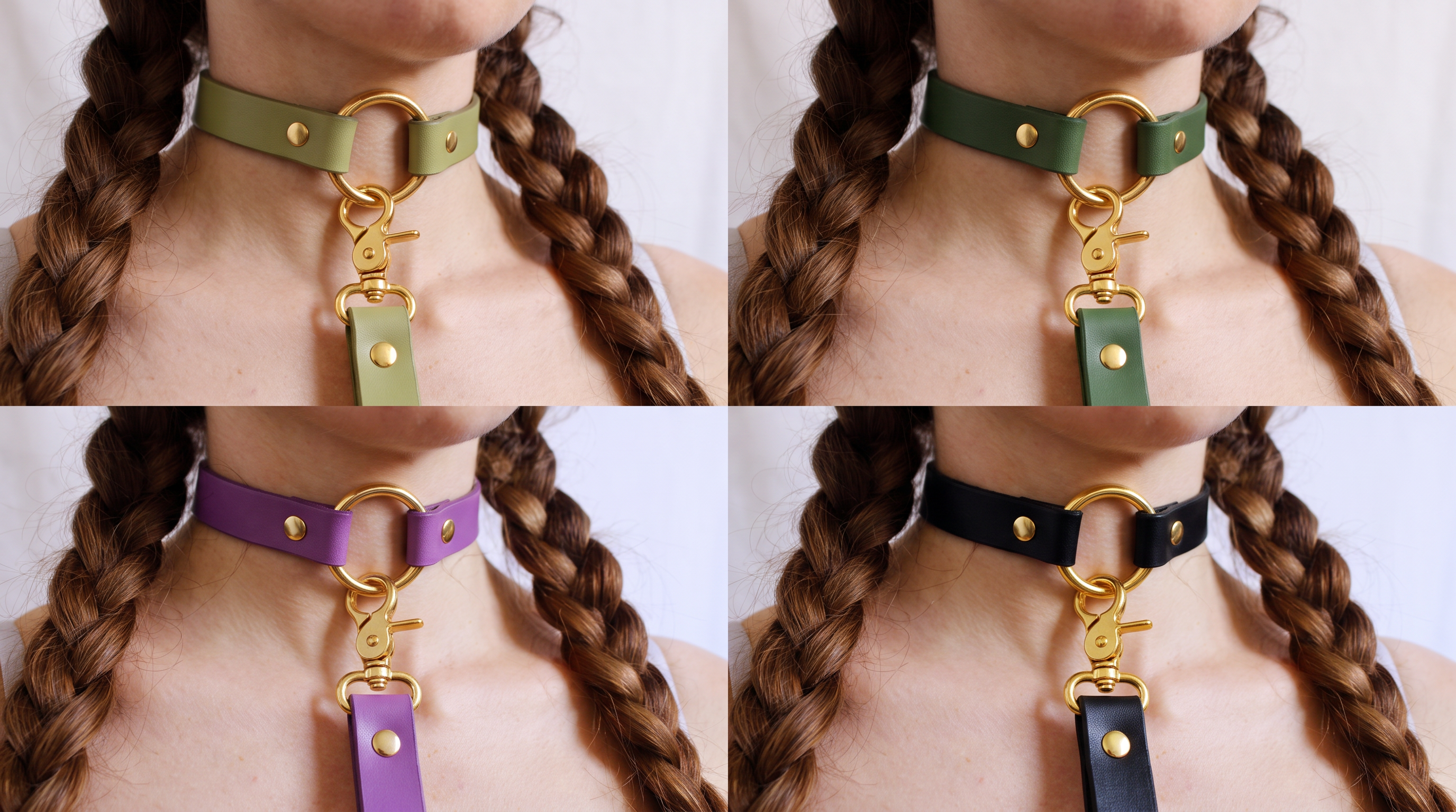 The image is a collage of four close-up photos of a person's neck with different colored leather choker necklaces.