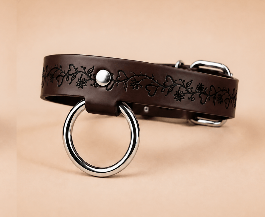 A brown leather collar with a metal ring and a decorative floral pattern on the strap.