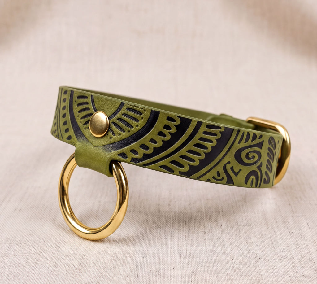 A green leather dog collar with a gold-colored metal ring and a decorative pattern on the collar.