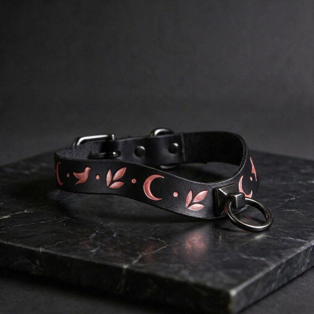 A black leather collar with a decorative pattern of pink flowers and a crescent moon on a dark surface.