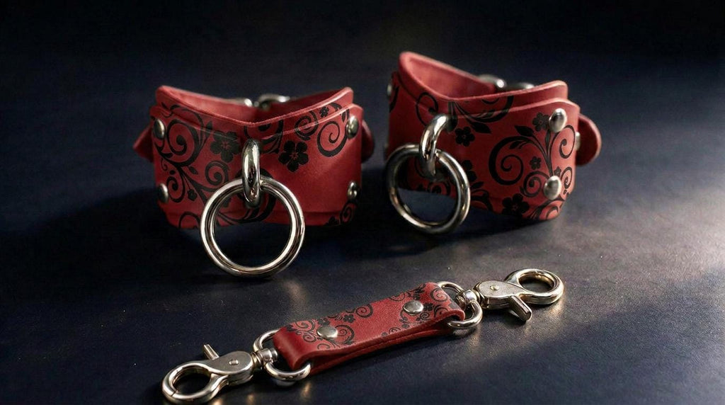 a pair of red leather straps with metal rings and buckles, arranged on a dark surface.