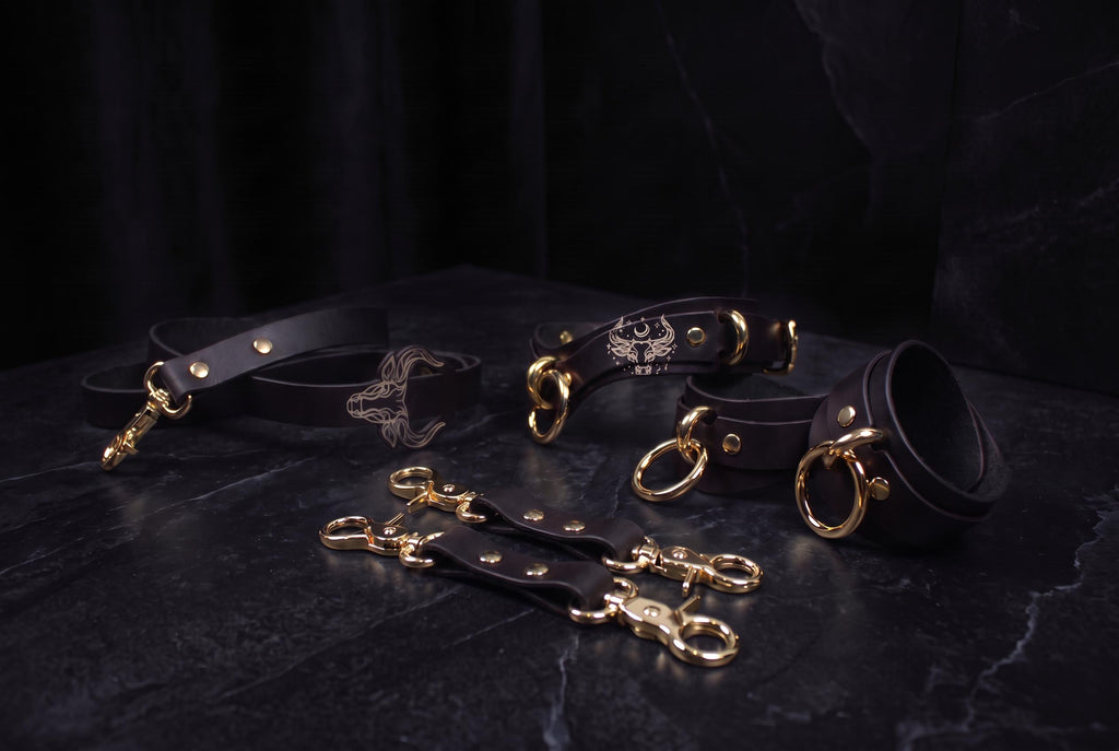 a collection of leather straps and buckles, including a belt, harnesses, and straps, arranged on a dark surface.