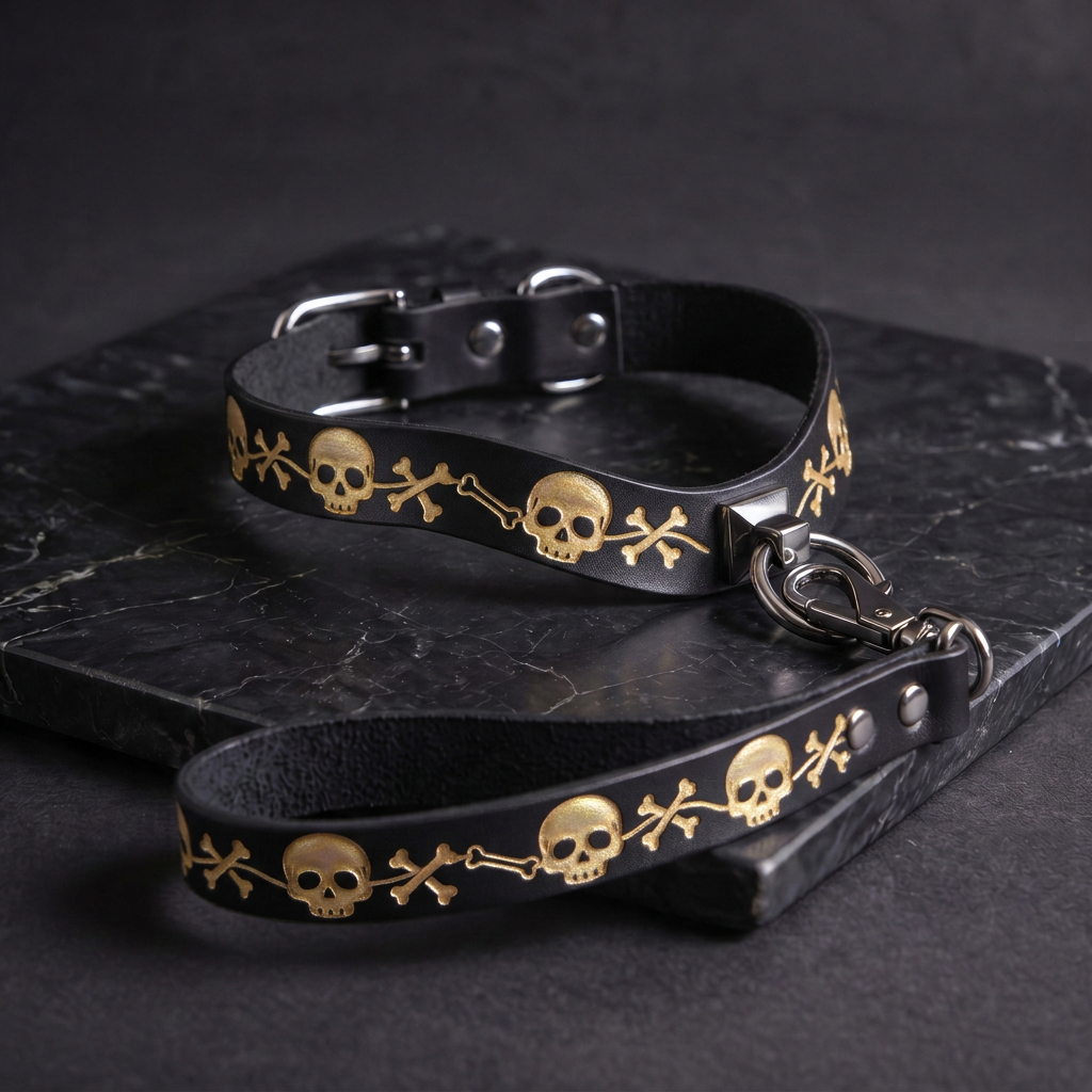A black leather dog collar with gold skull and crossbones designs, and a black leash attached to it, both resting on a black surface.