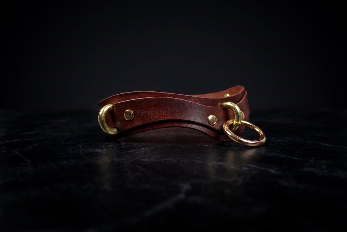 A brown leather collar with gold-colored buckles and a ring is displayed on a black surface.