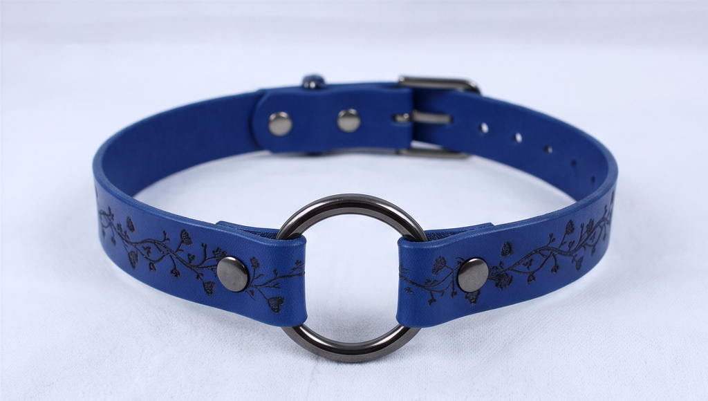 A blue leather choker collar with a metal ring and metal buckle.