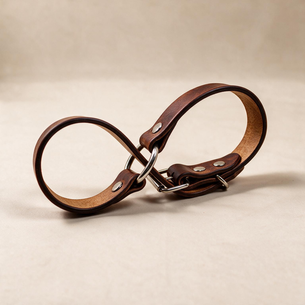 A brown leather strap with metal buckles and clips, lying on a beige surface.