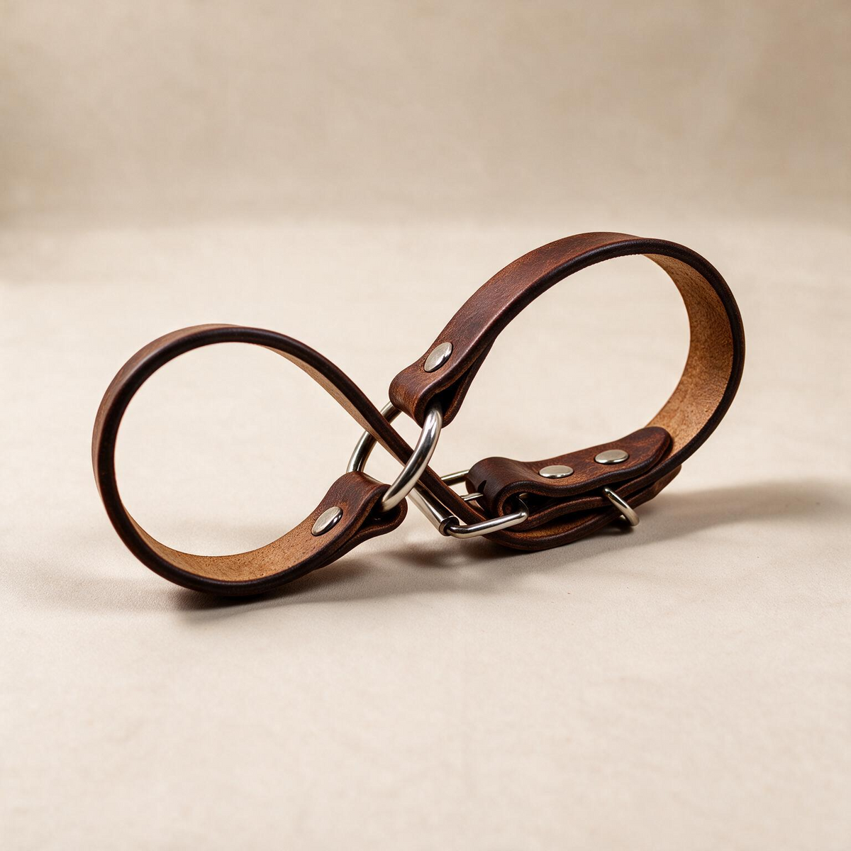 A brown leather strap with metal buckles and clips, lying on a beige surface.