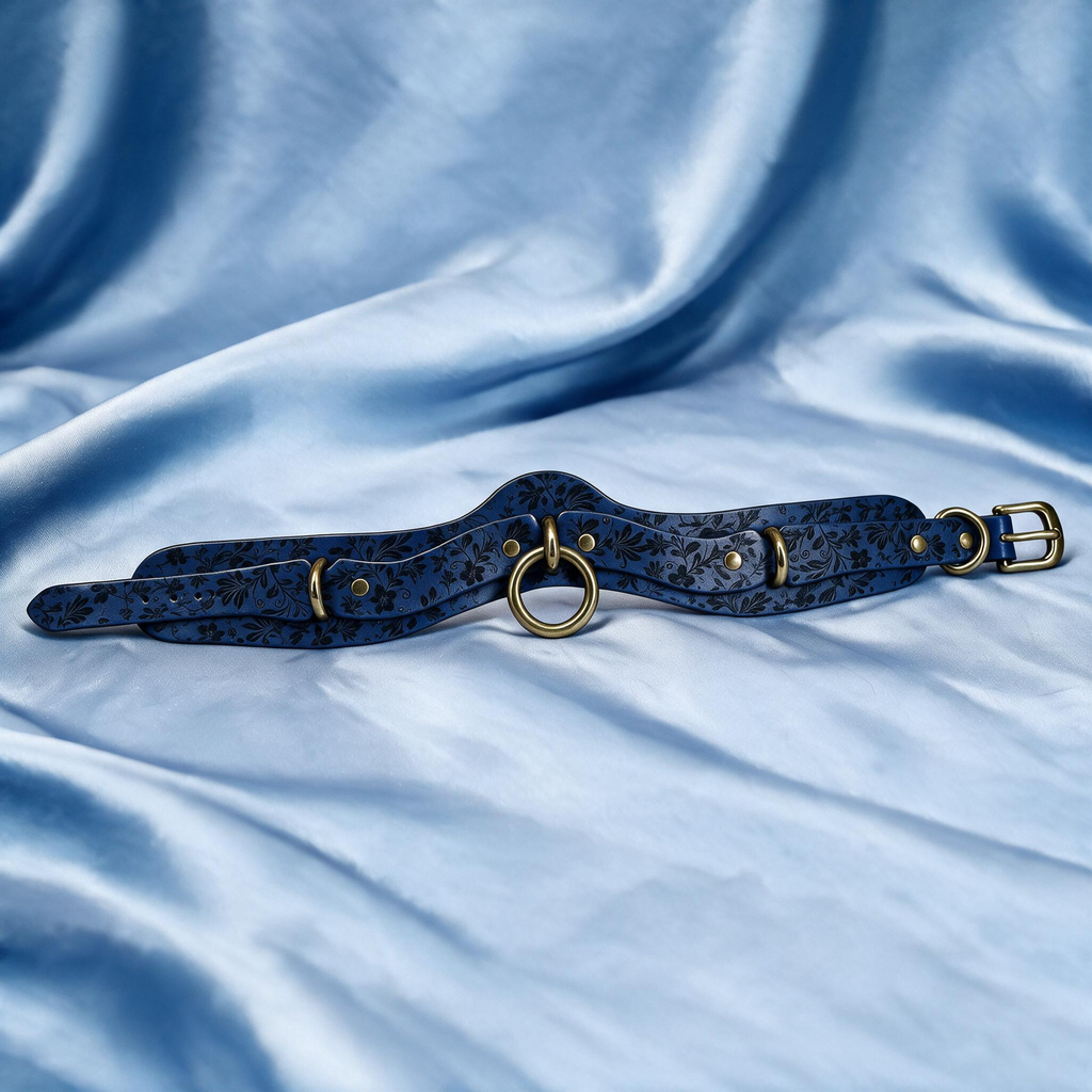 A blue leather choker necklace with a floral pattern and metal rings is displayed on a blue satin background.