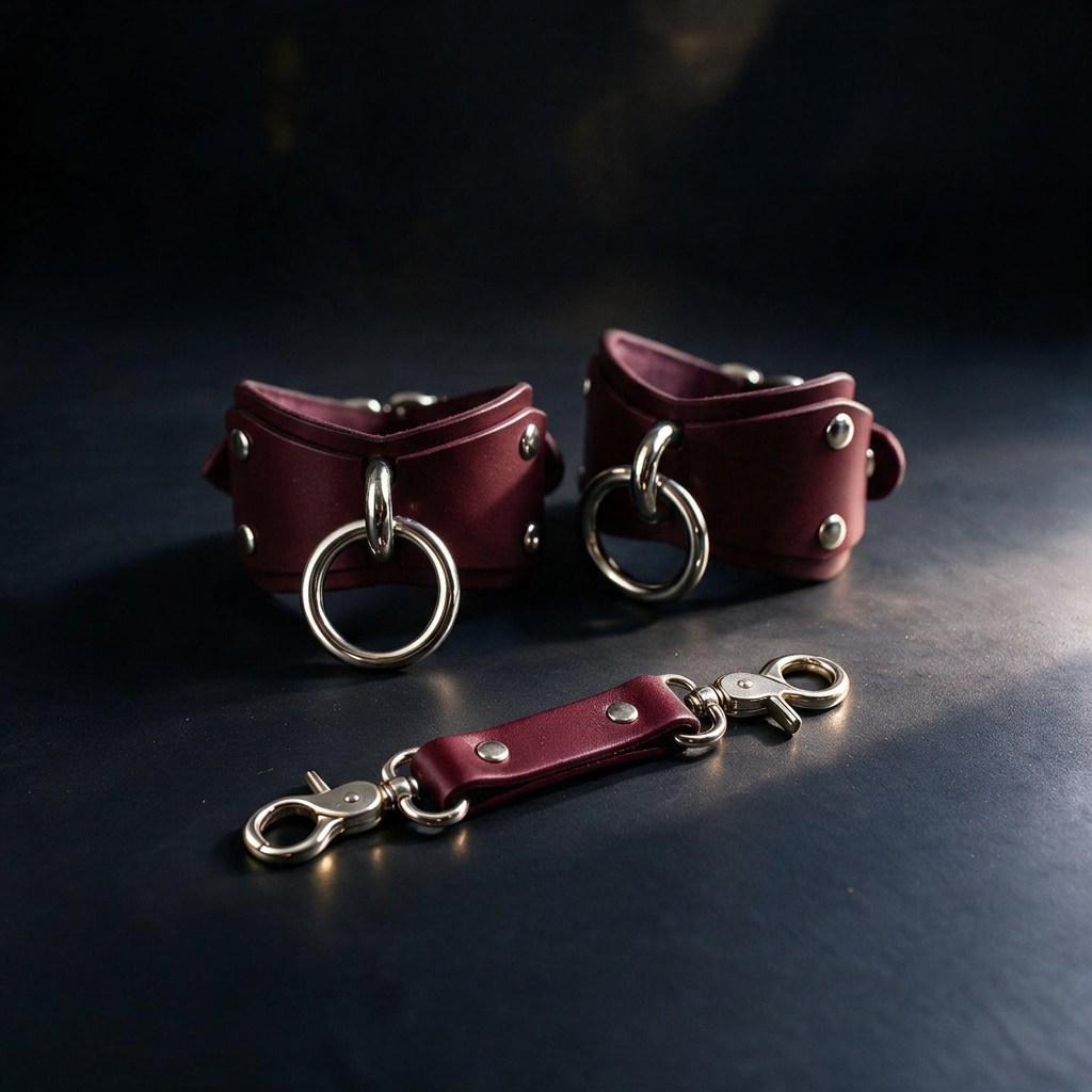 a pair of burgundy leather wrist restraints with metal rings and buckles, accompanied by a red leather strap with metal clasps.