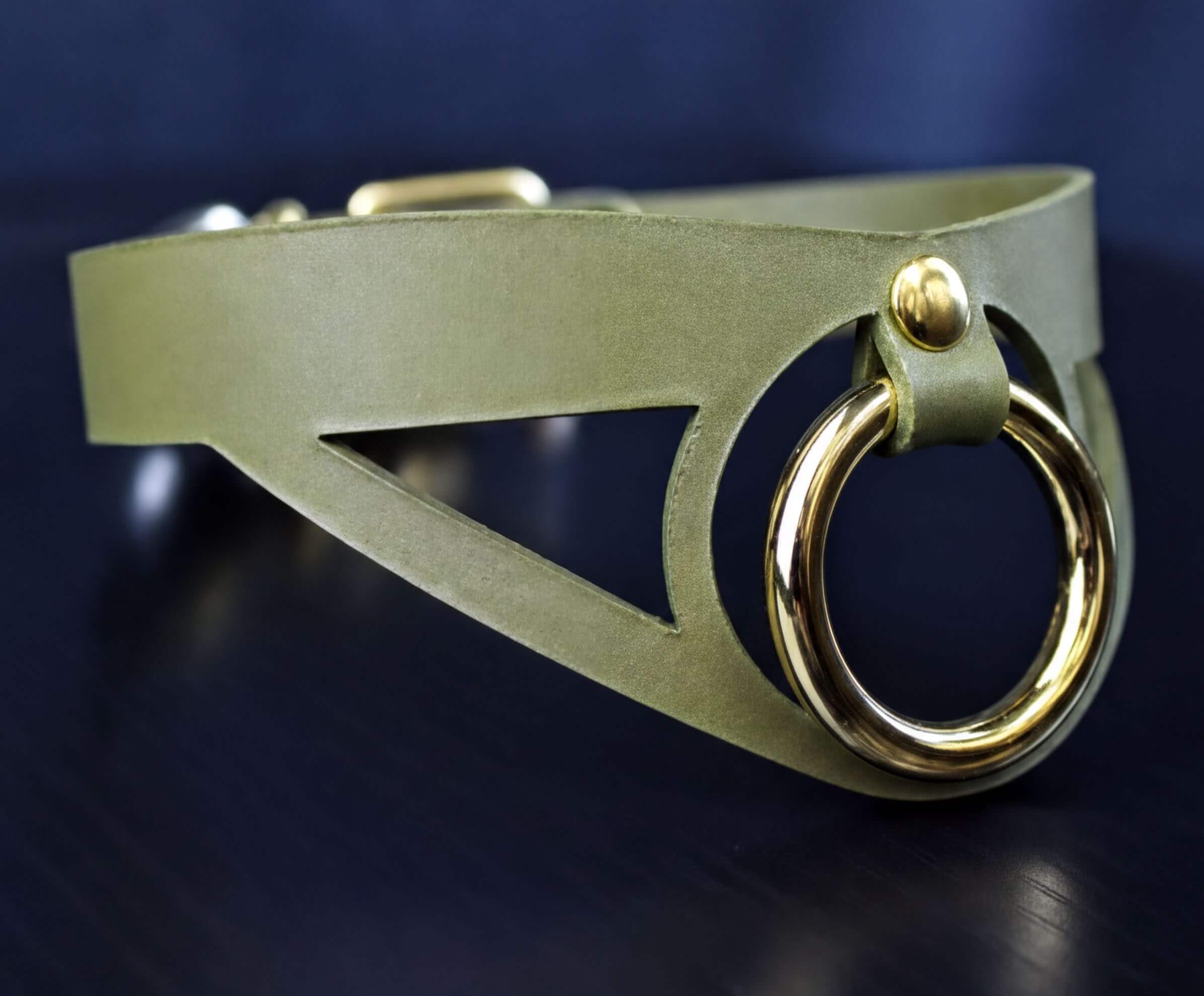 A green leather choker necklace with a gold-colored metal ring on the front.