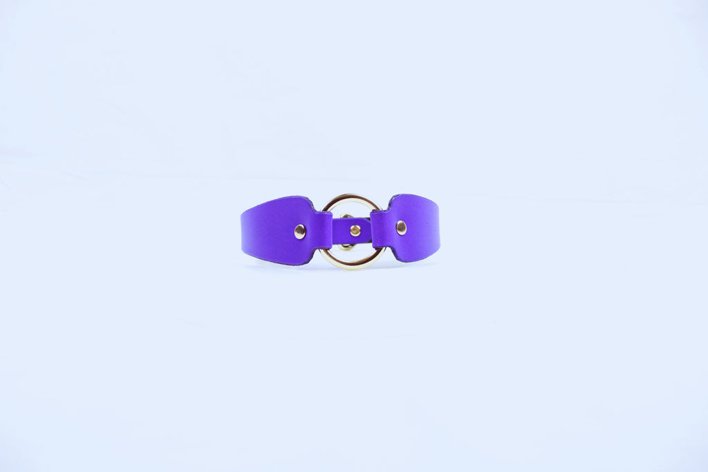A purple leather choker necklace with a gold-colored buckle is shown against a plain white background.