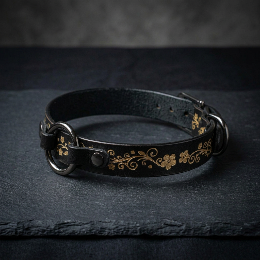 A black leather collar with a decorative floral pattern on it, resting on a dark surface.