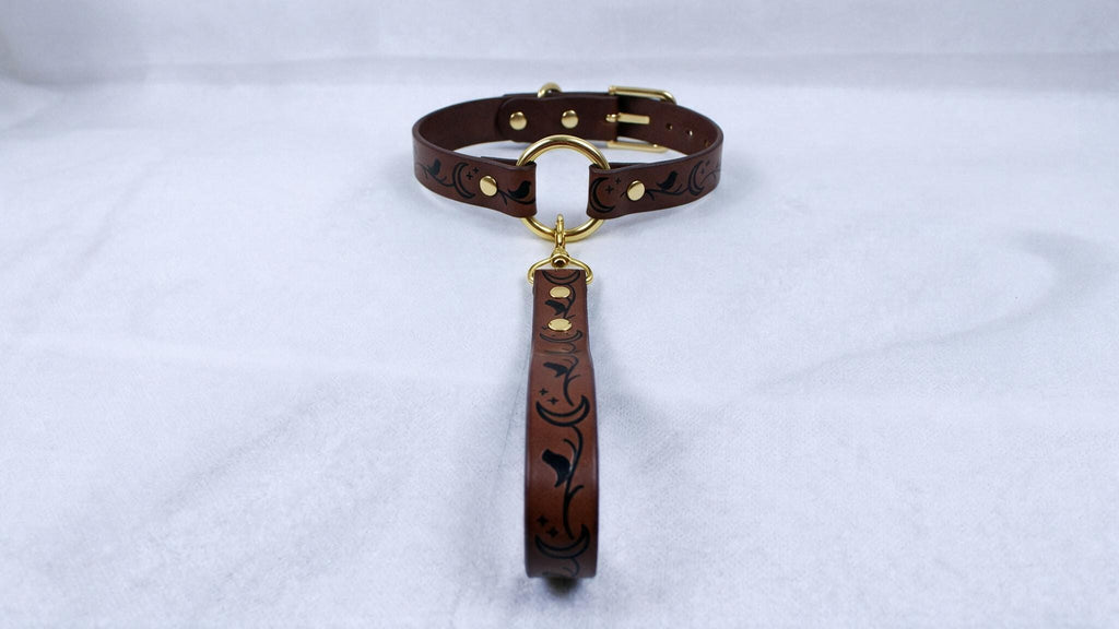 A brown leather collar with a gold-colored buckle and a decorative handle attached to it, resting on a white surface.