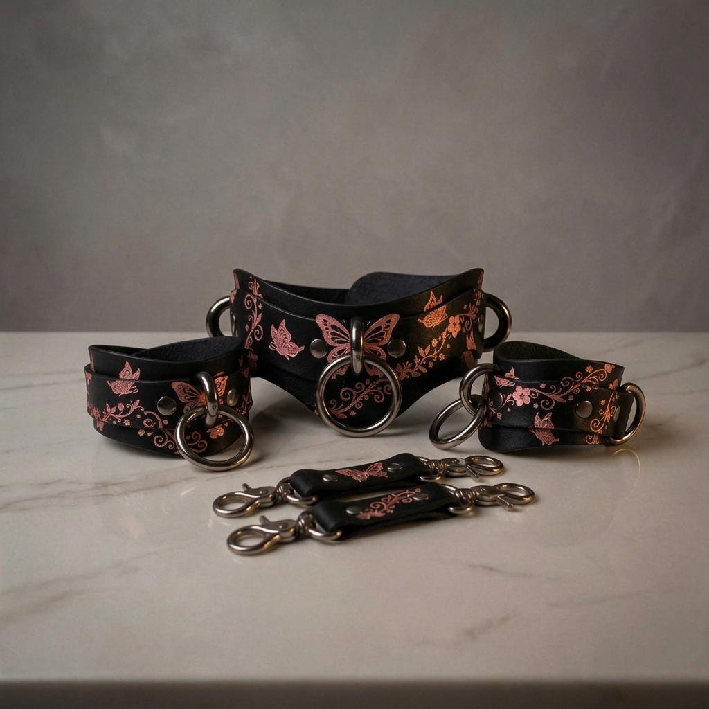 a collection of black leather accessories with floral designs, including a corset, choker, and multiple leather straps.