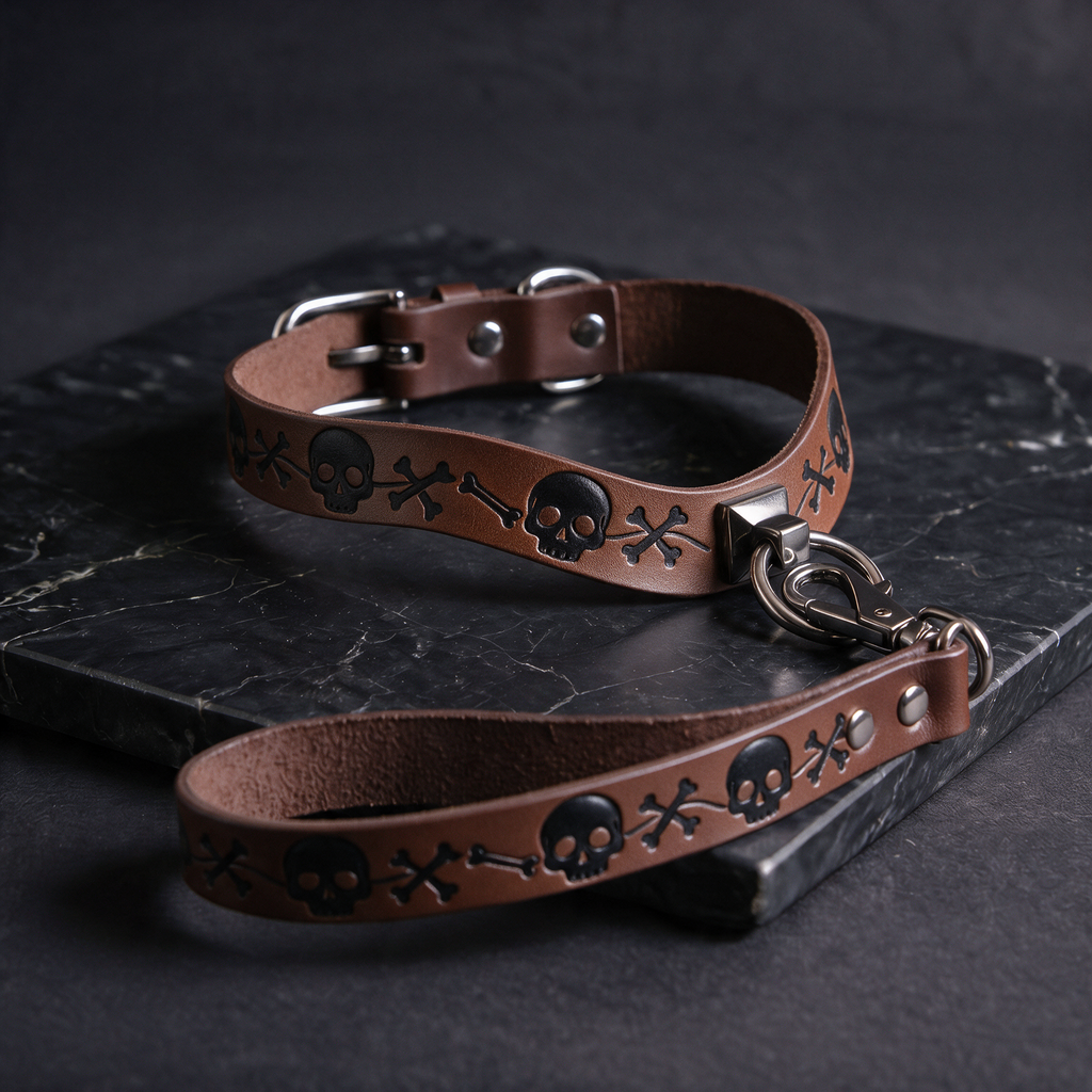 A brown leather dog collar with skull and crossbones designs, and a matching leash attached to it, resting on a dark surface.