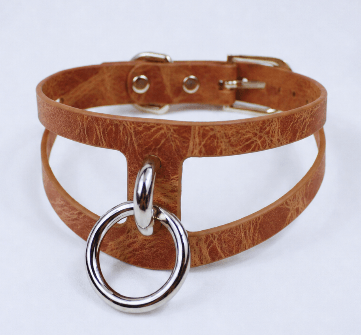A brown leather choker necklace with a metal ring and buckle.