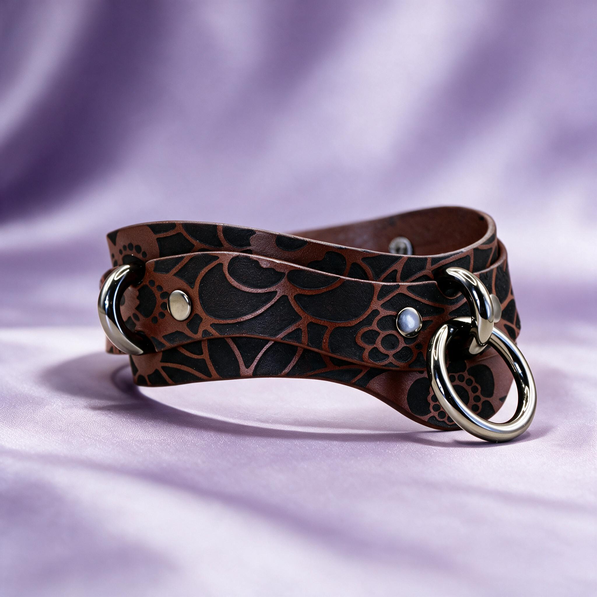 A brown leather choker necklace with a floral pattern and metal rings on the ends, resting on a purple background.