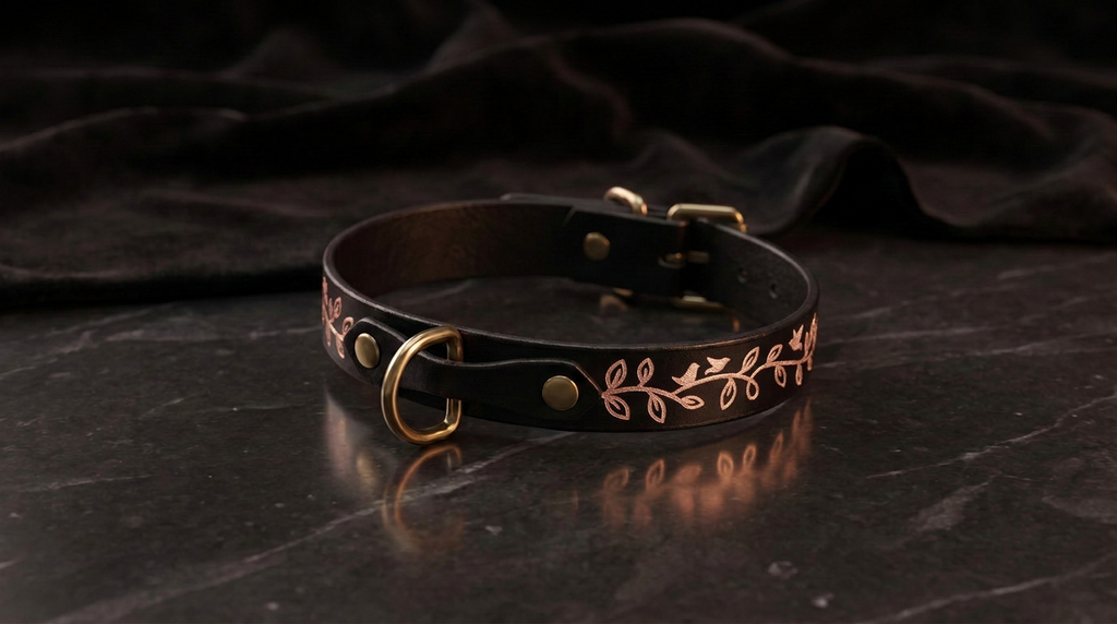 A black leather collar with a gold-colored leaf design on it, resting on a dark surface.