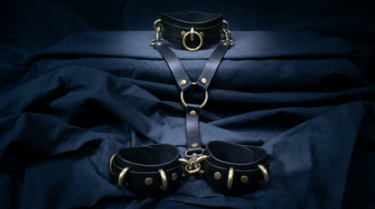 A set of black leather restraints with gold hardware, including straps and buckles, displayed on a dark blue fabric background.