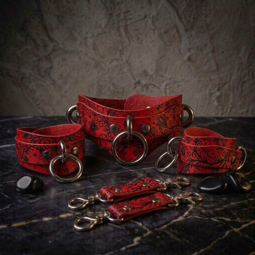 a collection of red leather straps with metal rings and buckles, arranged on a dark surface.