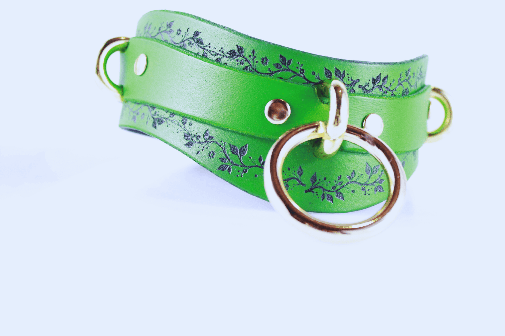 Green Vine Leather Submissive Collar with black vine pattern and polished rings, perfect for discreet day wear.