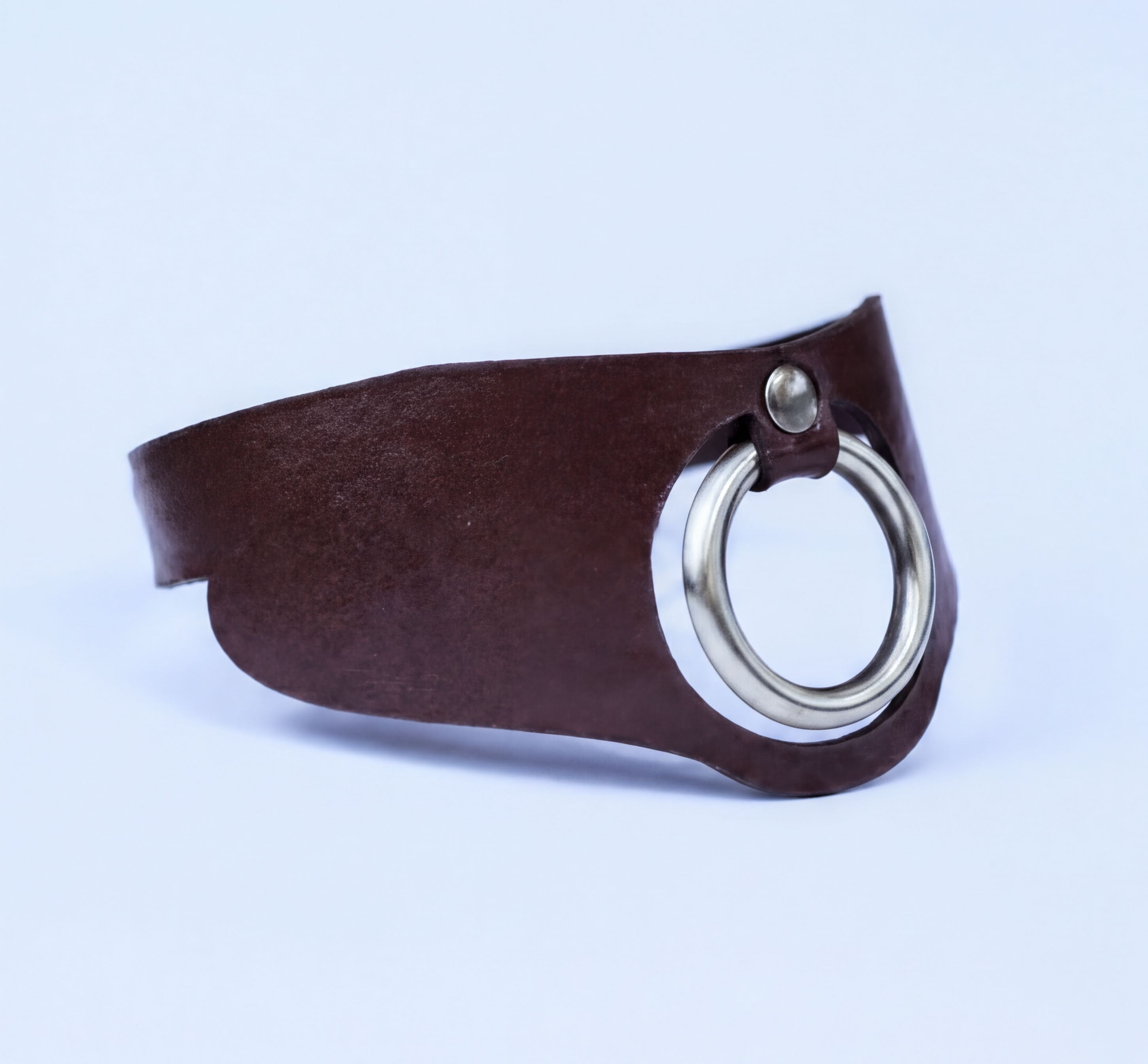 A brown leather choker necklace with a silver ring on the front.