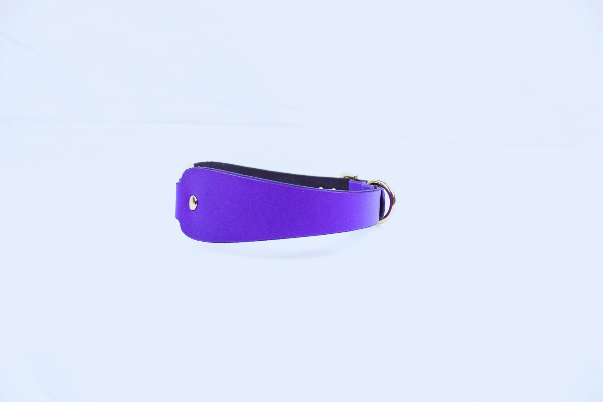 A purple leather collar or strap is shown against a plain white background.