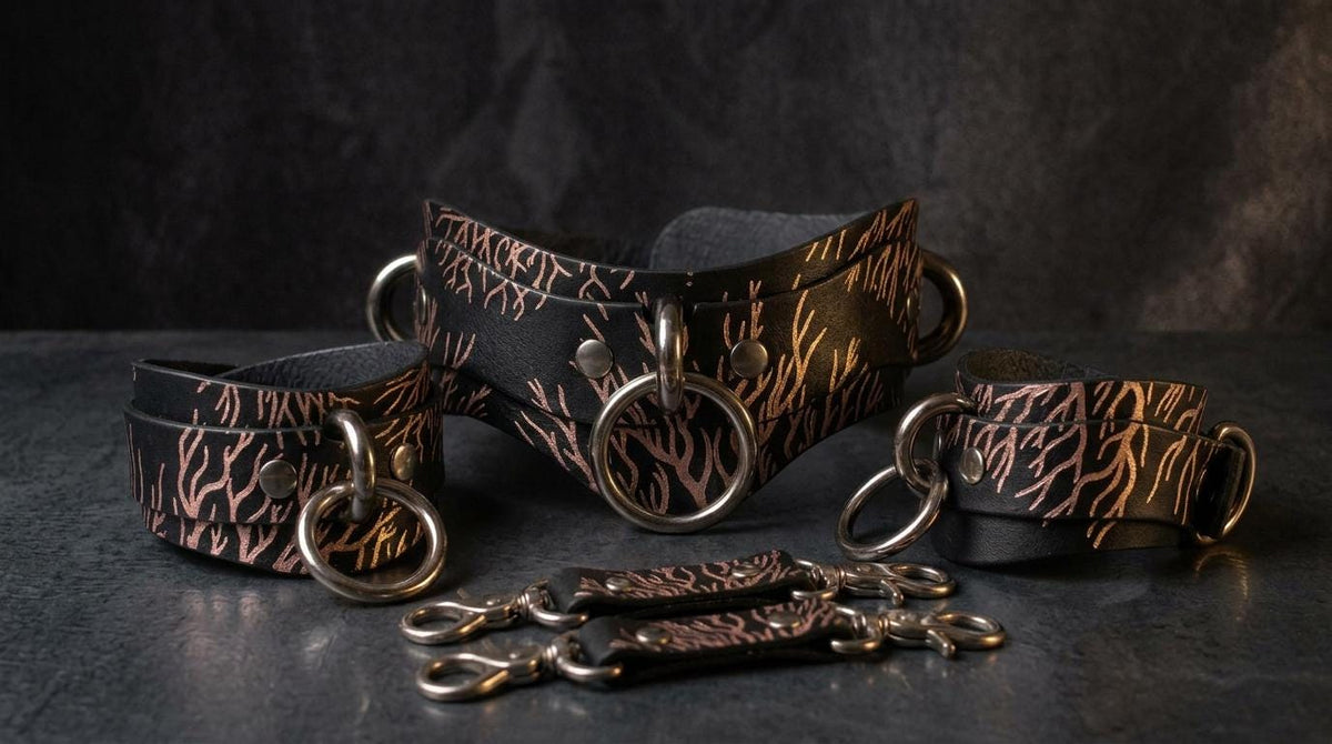 a collection of leather accessories, including a corset, leather straps, and metal rings, arranged on a dark surface.
