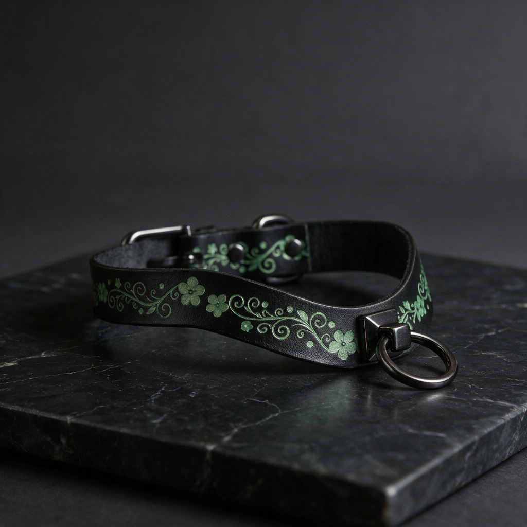 A black leather collar with a green floral design and a metal ring on the front, resting on a dark surface.