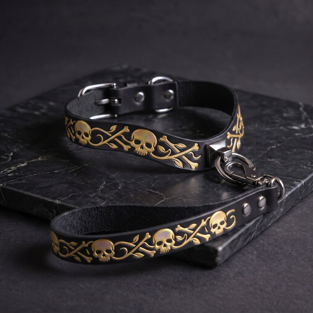 A black leather dog collar with gold skull and bone designs, and a black leash attached to it, resting on a black surface.
