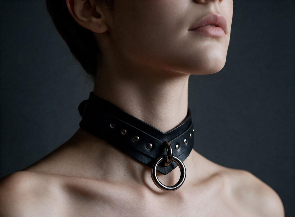 A close-up of a person's neck and chest area wearing a black leather choker necklace with a metal ring.