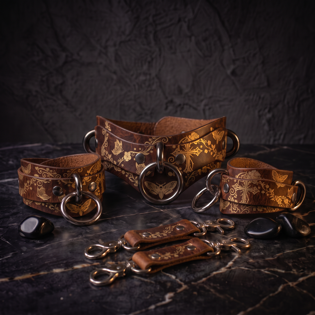 a collection of leather straps and accessories, including a corset-style belt and several leather straps with metal rings and buckles, all arranged on a dark surface.
